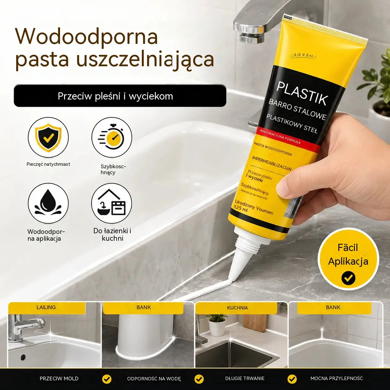 2 zestaw 99zł 💧🛡️Żółta i czarna szpachlówka do stali z tworzywa sztucznego, uszczelniacz wodoodporny i odporny na pleśń, klej do szkła łazienkowego, klej szybkoschnący.