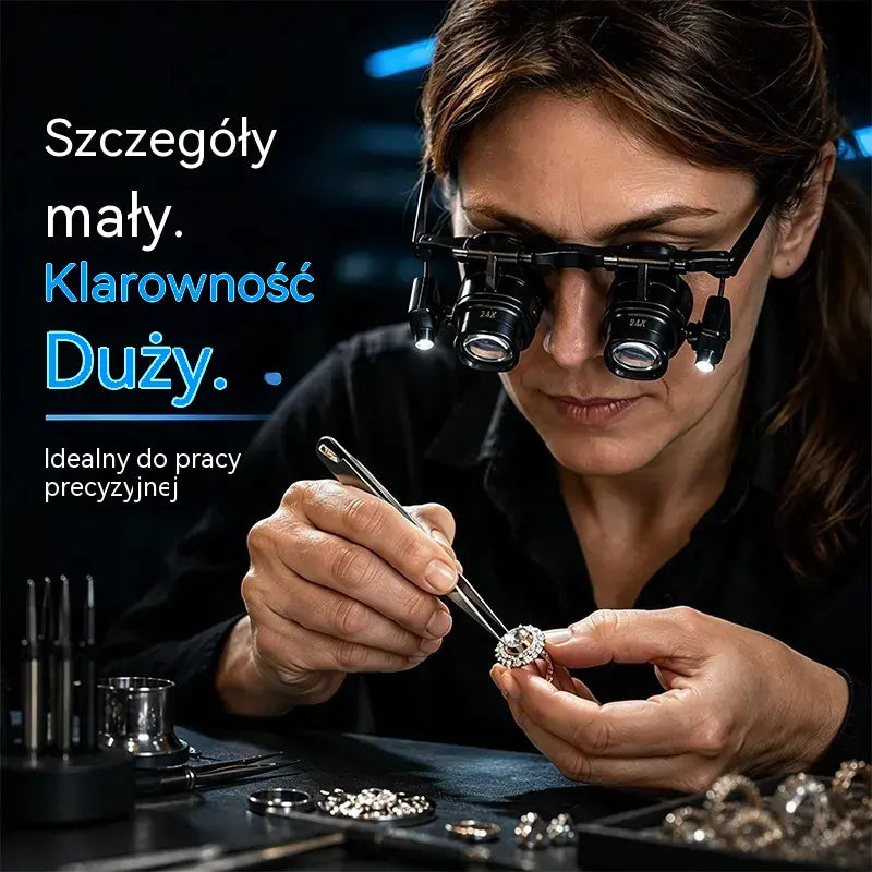 🔍 Lupa czołowa LED 24X – przenośne okulary powiększające do naprawy zegarków, lutowania podzespołów elektronicznych i mobilnych 💡