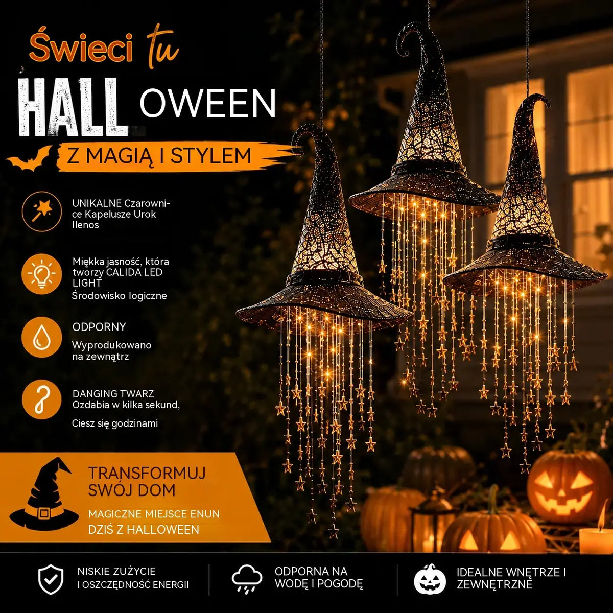 🔮🧙 Wiszący kapelusz czarownicy ze światłem – podświetlany dzwonek wietrzny do dekoracji na Halloween 🎃🌟