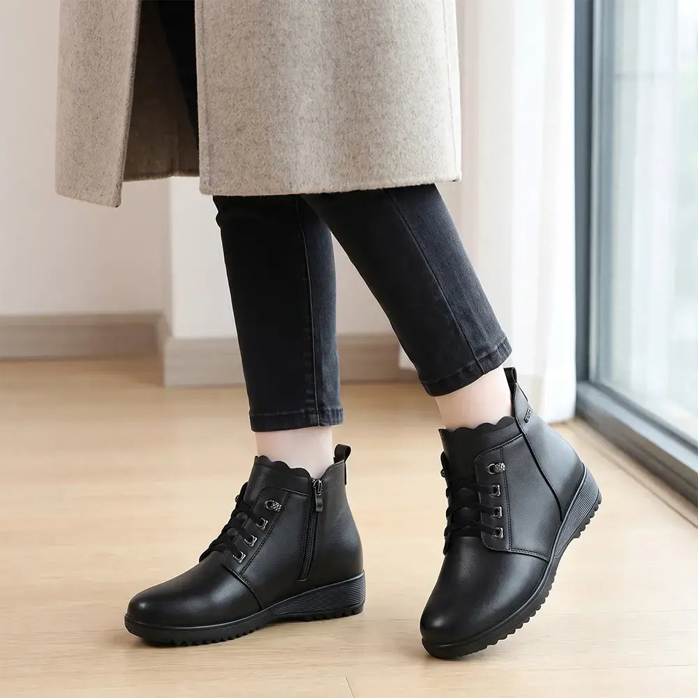 【35-40】Nowe damskie buty na koturnie z ociepleniem – z okrągłym noskiem, wygodne, antypoślizgowe, krótkie botki, dla mam