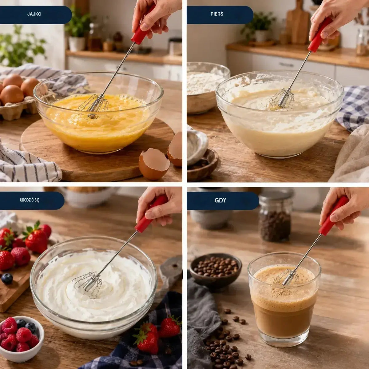 🥳2 sztuka 89zł 🥚💪 50% taniej! Półautomatyczna trzepaczka do jajek: wystarczy nacisnąć i zakręcić – nie wymaga prądu. Ubija jajka i śmietanę w kilka sekund! ✨🧁