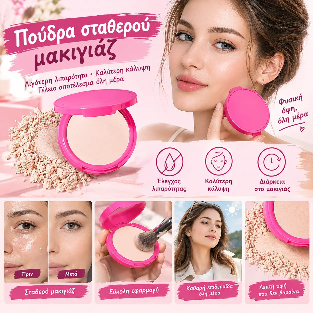 ✨Αδιάβροχη πούδρα προσώπου με έλεγχο λιπαρότητας--💖Ελέγχει αποτελεσματικά τη λιπαρότητα και ενισχύει την κάλυψη, διατηρώντας το μακιγιάζ σας άψογο.