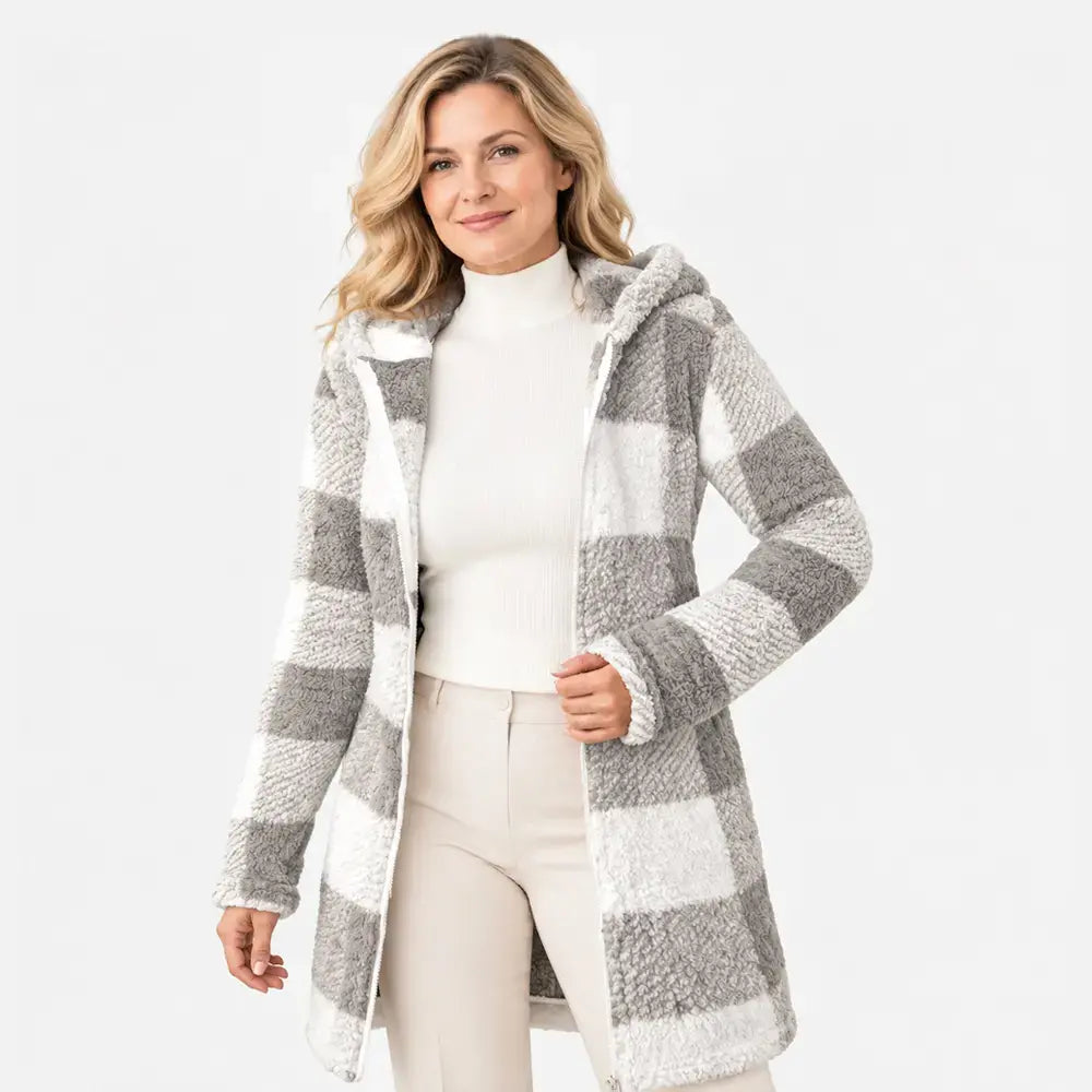 ✨【S-3XL】Długi, dwustronny damski kardigan/płaszcz zapinany na zamek – sztuczne futro i wzór w kratę (jesień/zima)