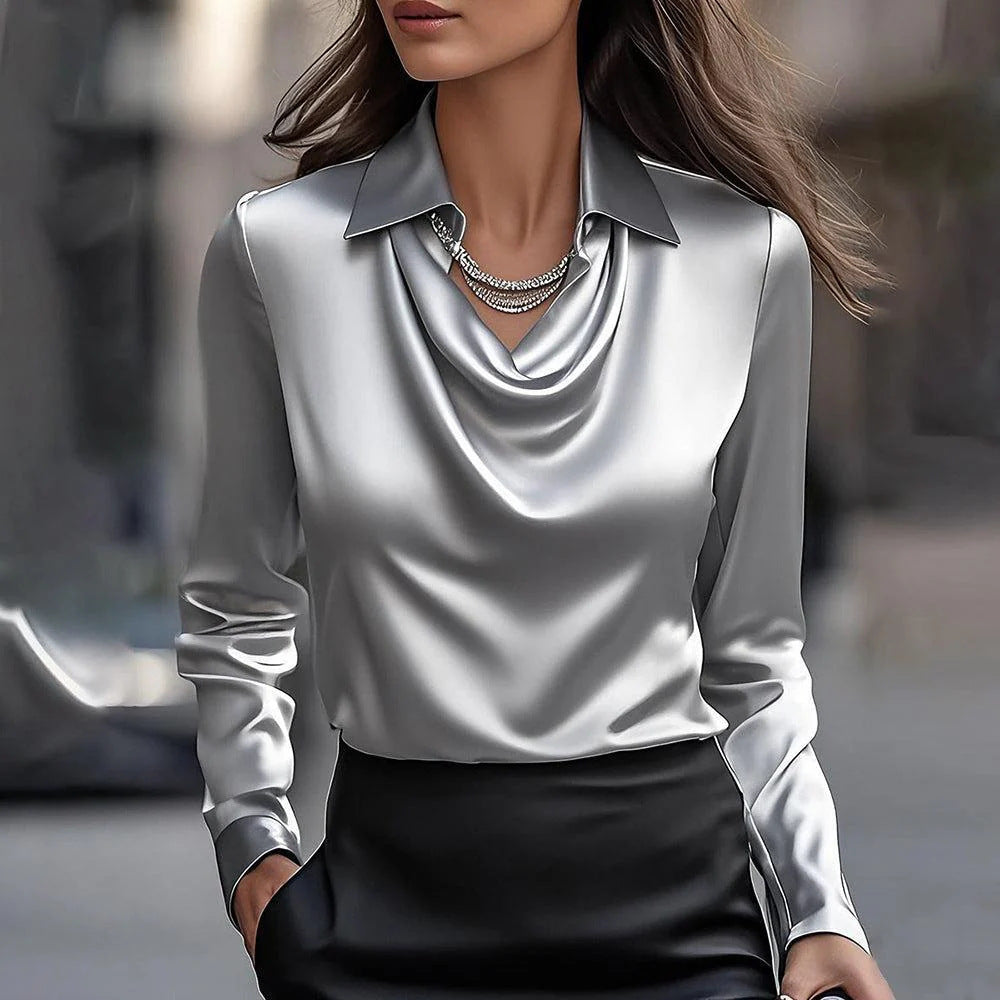 🔥【Nueva moda de otoño e invierno】✨Camisa de solapa estampada de color sólido para mujer