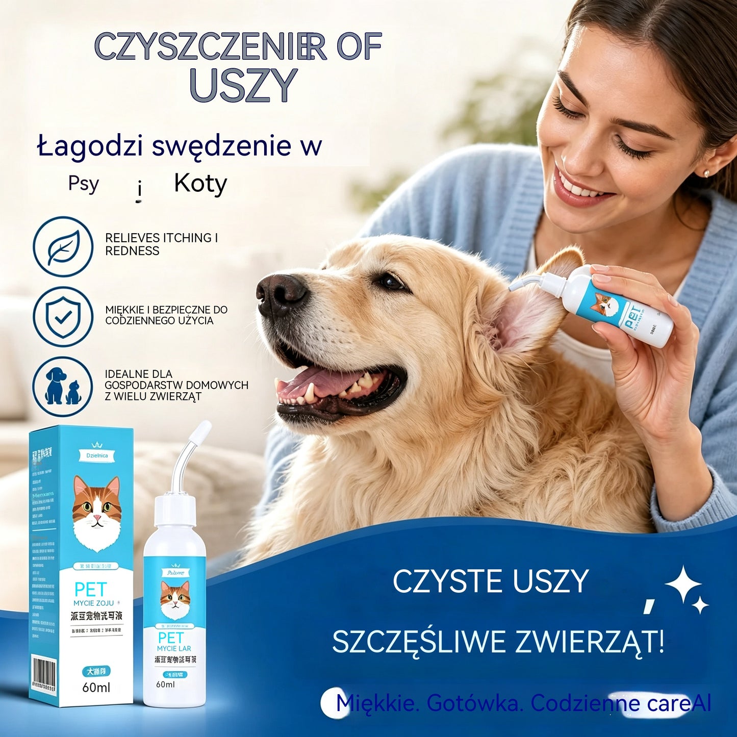 🐶【Kup 1, otrzymaj 1 gratis】【2 za 109 zł. 】🐱 Środek do czyszczenia uszu łagodzący swędzenie u psów i kotów.