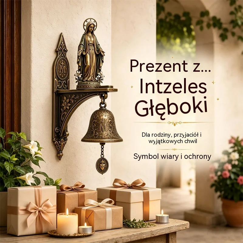 Stary dzwonek ścienny z wizerunkiem Matki Boskiej (Cudowny Medalik), wykonany z najwyższej jakości żywicy w kolorze antycznego brązu, ozdoba sakralna bramy i ogrodu.