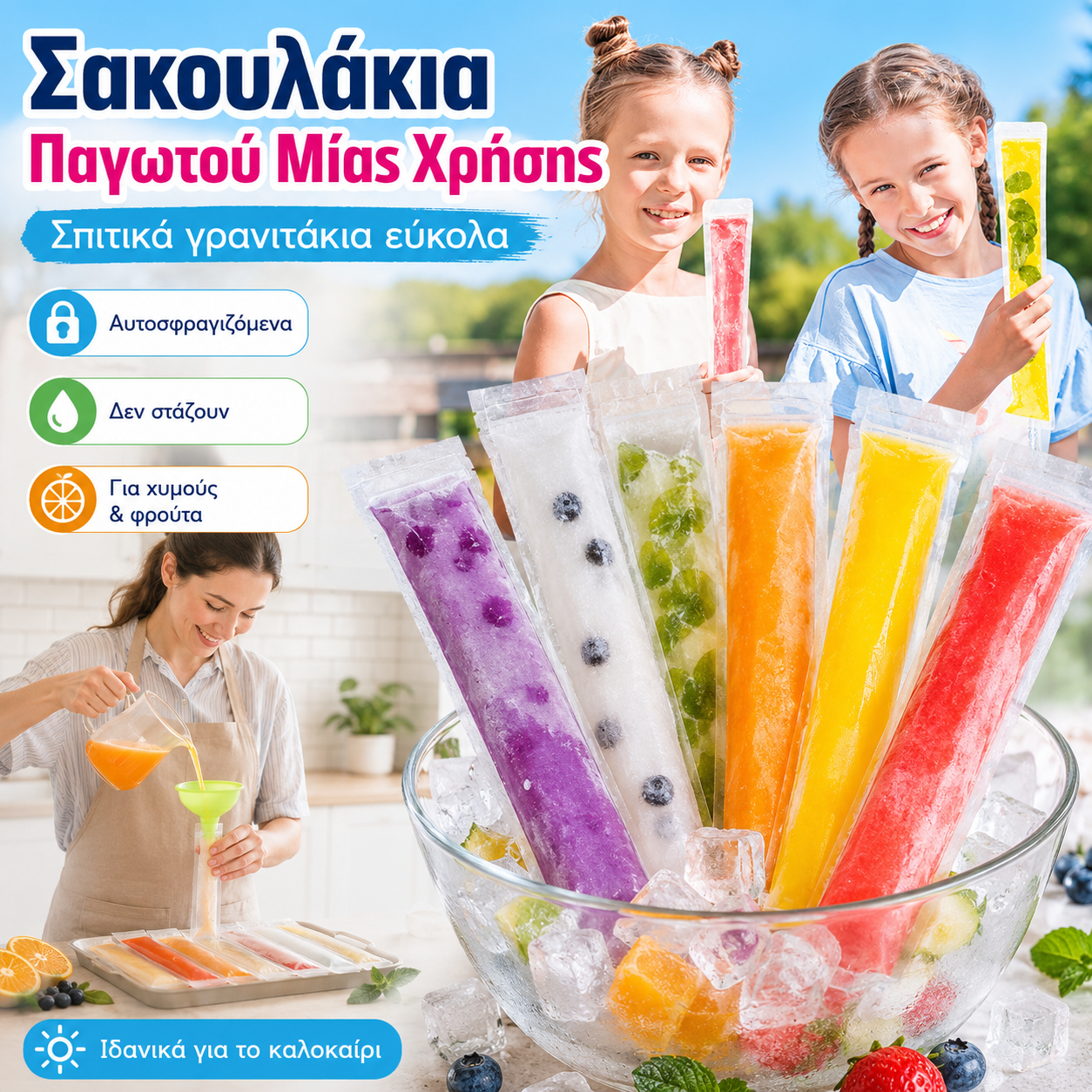 50 σακουλάκια παγωτού——24 ευρώ 🧺 Σακούλες για καλούπια παγωτού μιας χρήσης