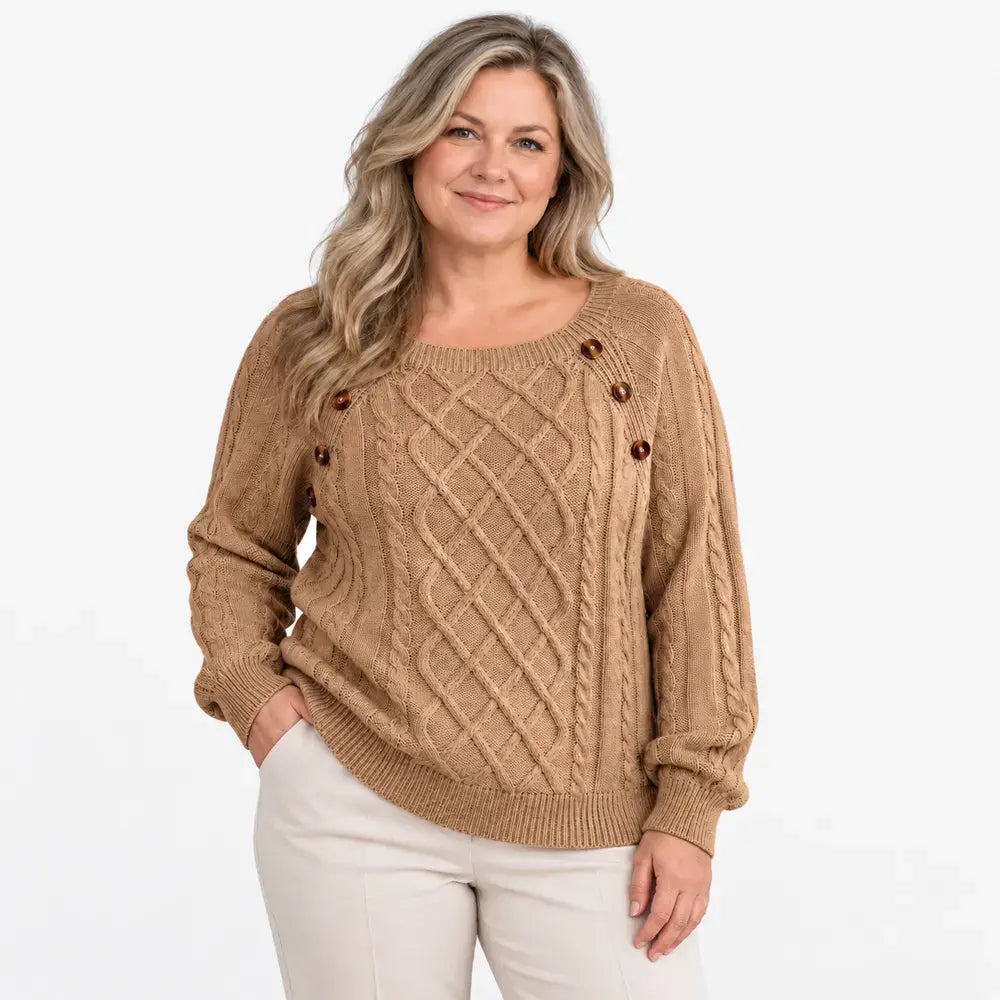 【S-2XL】Damowy sweter casualowy na jesień i zimę – kwadratowy dekolt, guziki, wzór warkocza