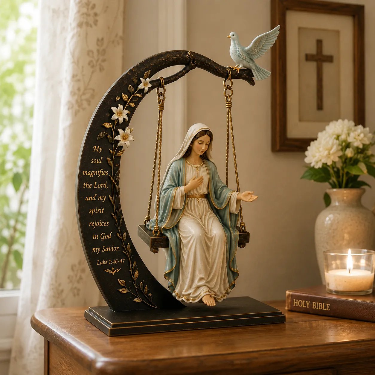 2 za 99 zł.✝️ Ozdoba na kołyskę Matki Boskiej – Łk 1,46–47 Dekoracja stołu wiary | Figurka Matki Boskiej modlącej się z gołębicą i półksiężycem – dekoracja domu