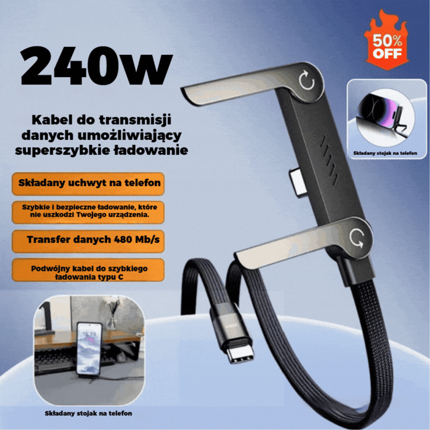 【🔥Kup 1, a drugi dostaniesz gratis🔥2 sztuki za 99 zł.】🔥⚡Kabel do szybkiego ładowania 2 w 1 z regulowanym uchwytem na telefon🔋