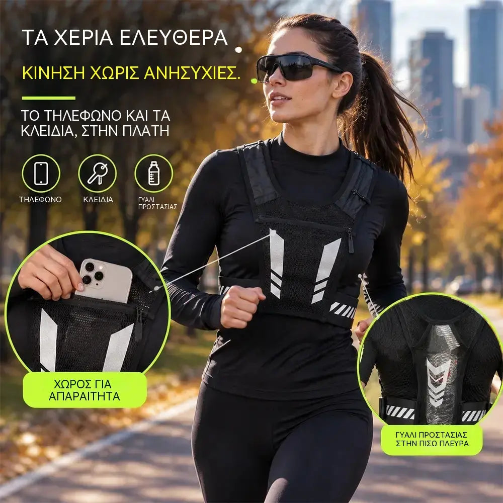🏃 Γιλέκο για Τρέξιμο και Αθλητικές Δραστηριότητες με Θήκη στο Στήθος · Τσέπη με Φερμουάρ για το Κινητό · Υποδοχή στο Πίσω Μέρος για Παγούρι · Ανακλαστικές Λεπτομέρειες για το Βράδυ · Διαπνέον Διχτυωτό Υλικό και Ρυθμιζόμενοι Ιμάντες!