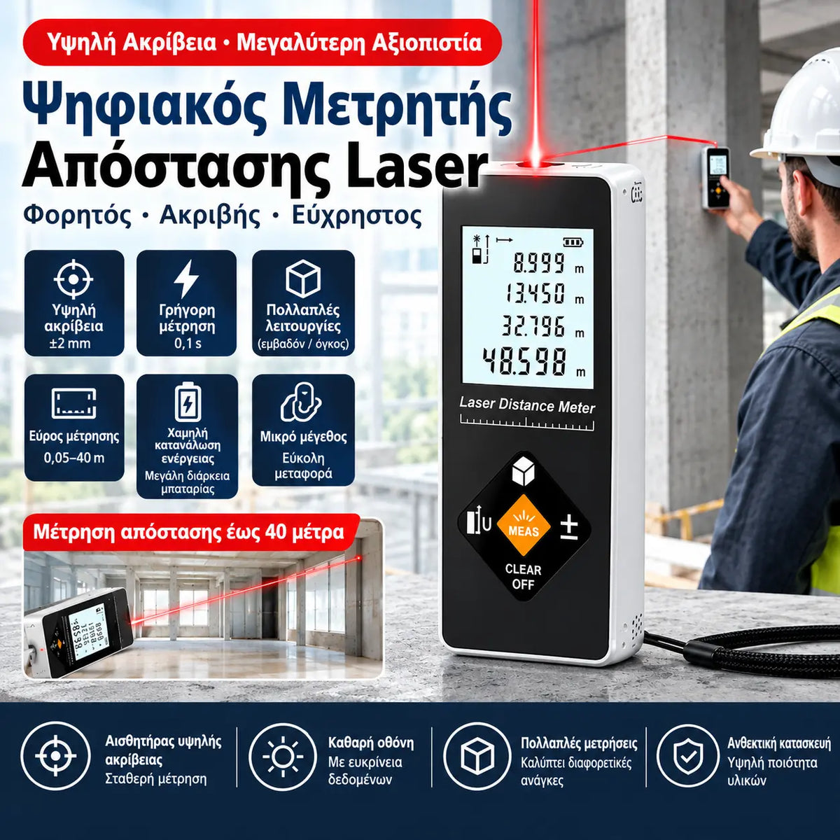 Συμπαγές μοντέλο αποστασιόμετρου: εμβέλεια 50 m + ακρίβεια χιλιοστού + απευθείας φόρτιση μπαταρίας λιθίου