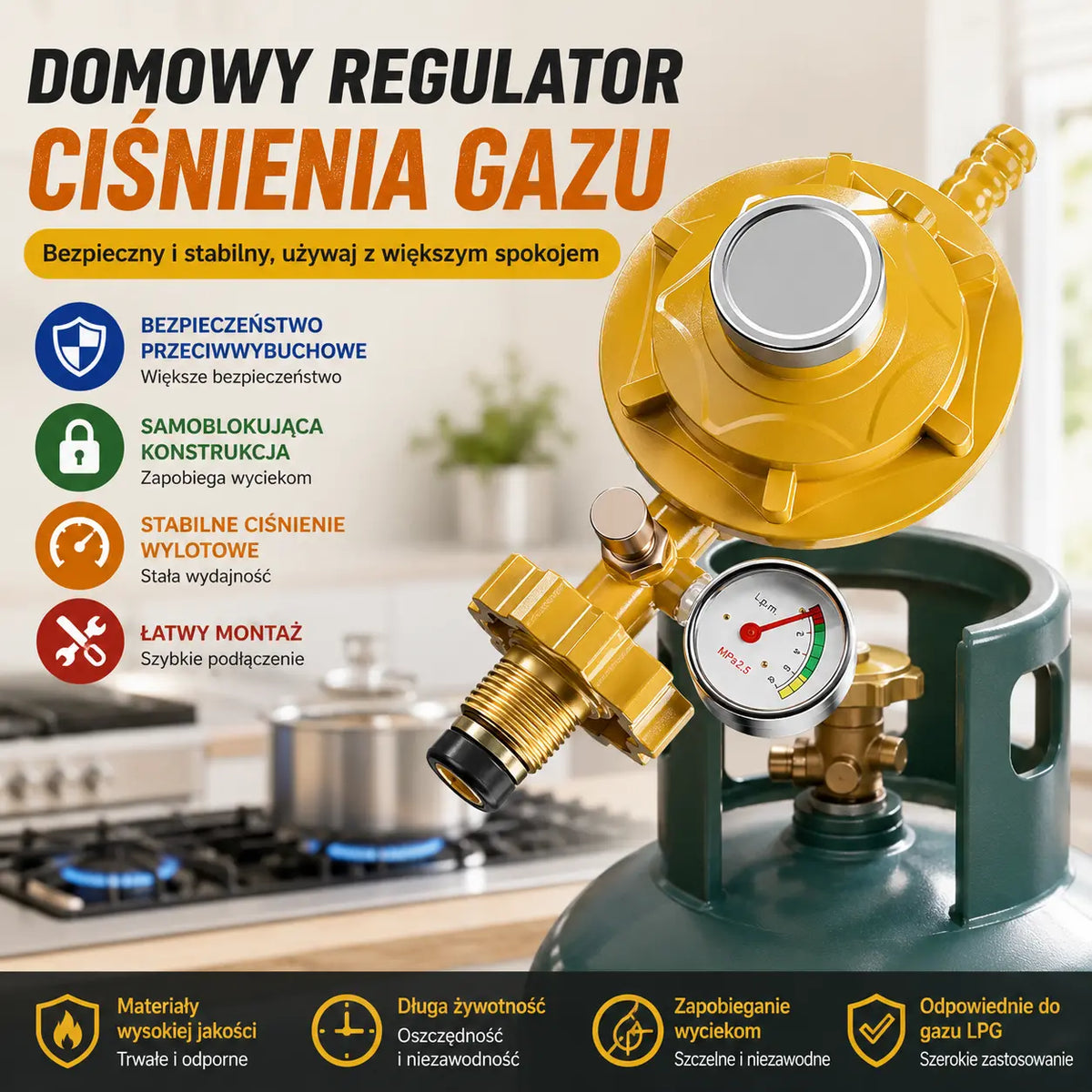 🏡🔥 Zawór redukcyjny ciśnienia gazu do użytku domowego, samoblokujący zawór redukcyjny ciśnienia gazu skroplonego, bezpieczny i przeciwwybuchowy💥