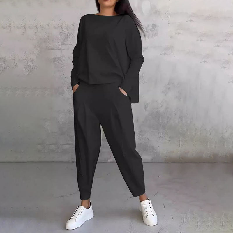 【S-5XL】💖Σετ παντελονιών με μακριά μανίκια και στρογγυλή λαιμόκοψη, σετ δύο τεμαχίων