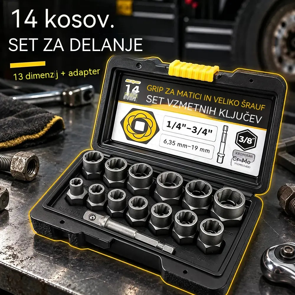 14-delni komplet nastavkov za odstranjevanje poškodovanih matic in vijakov | Nastavki s protizdrsno zasnovo za zarjavele, poškodovane ali obrabljene pritrdilne elemente