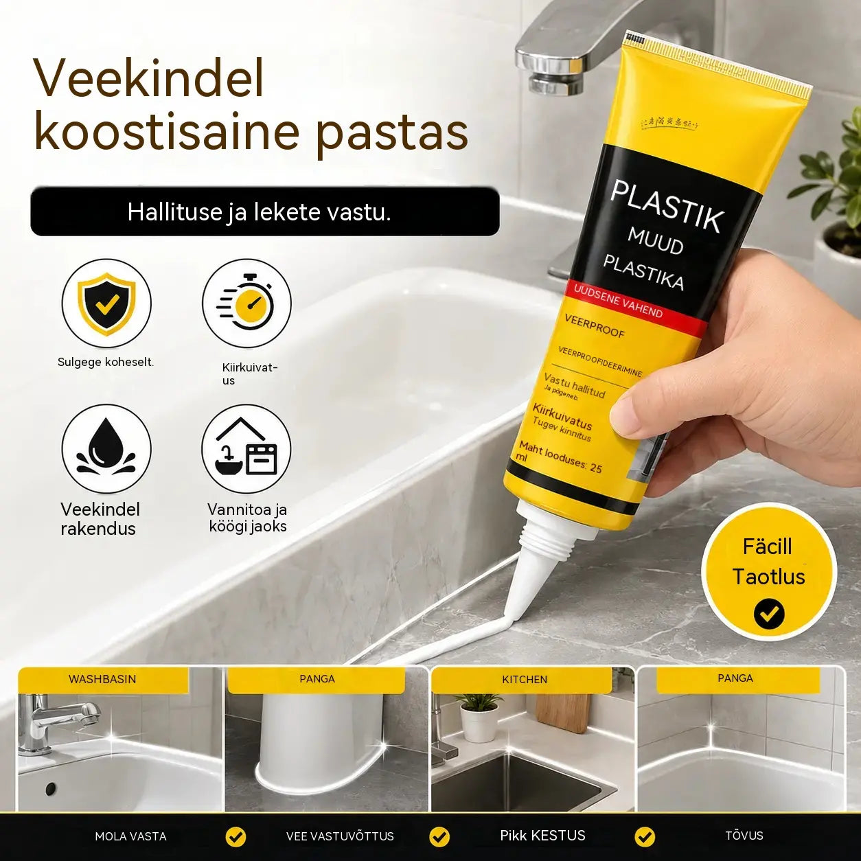 2 komplekt 27 eurot 💧🛡️Kollane ja must plastteraspahtel, veekindel ja hallituskindel hermeetik, vannitoa klaasiliim, kiiresti kuivav liim.