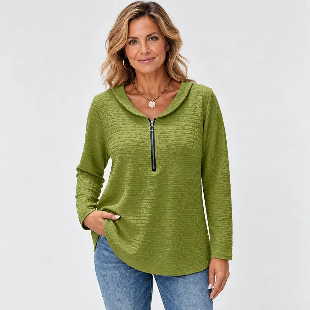 ✨【S-5XL / 5 kolorów】Damski top w jednolitym kolorze, wyróżniający się stylowym, plisowanym materiałem, kołnierzykiem typu „Piotruś Pan”, zapięciem na zamek oraz klasycznym krojem w ramionach.