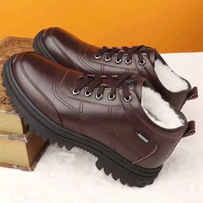 【39-44】 Zapatos de cuero de suela gruesa, cálidos y esponjosos, engrosados de invierno para hombres