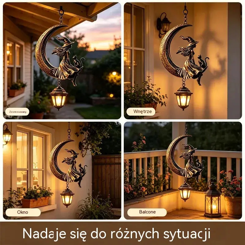 1 sztuka 109zł 🎁Wisząca latarnia ogrodowa z motywem czarownicy i kota na księżycu – styl vintage, z oświetleniem LED, wodoodporna, odpowiednia na patio i tarasy.