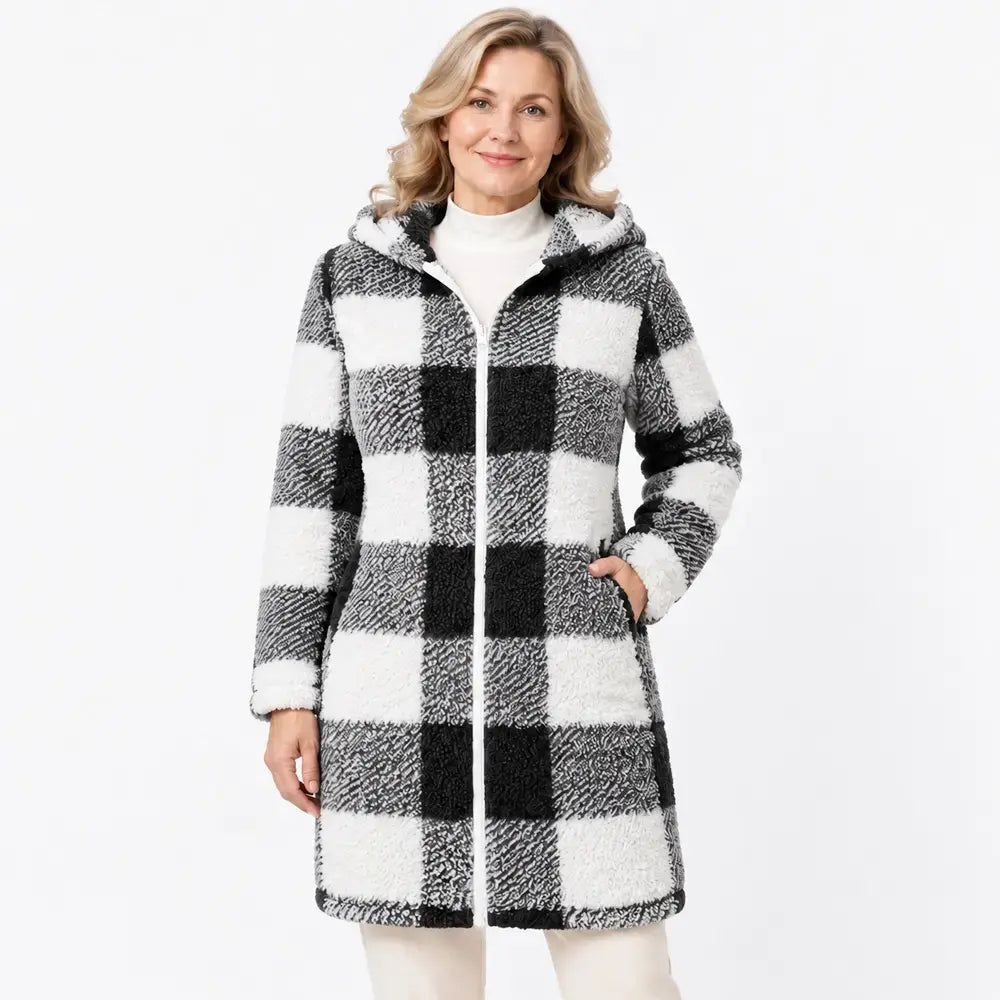 ✨【S-3XL】Długi, dwustronny damski kardigan/płaszcz zapinany na zamek – sztuczne futro i wzór w kratę (jesień/zima)