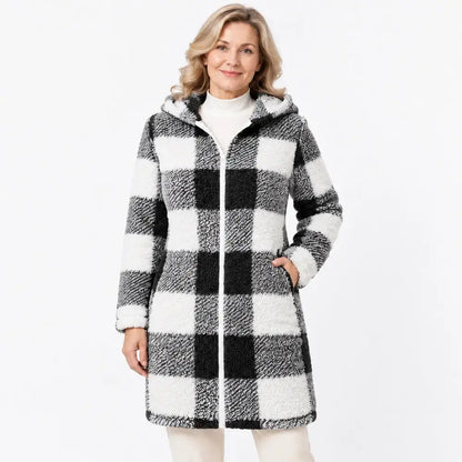 ✨【S-3XL】Długi, dwustronny damski kardigan/płaszcz zapinany na zamek – sztuczne futro i wzór w kratę (jesień/zima)