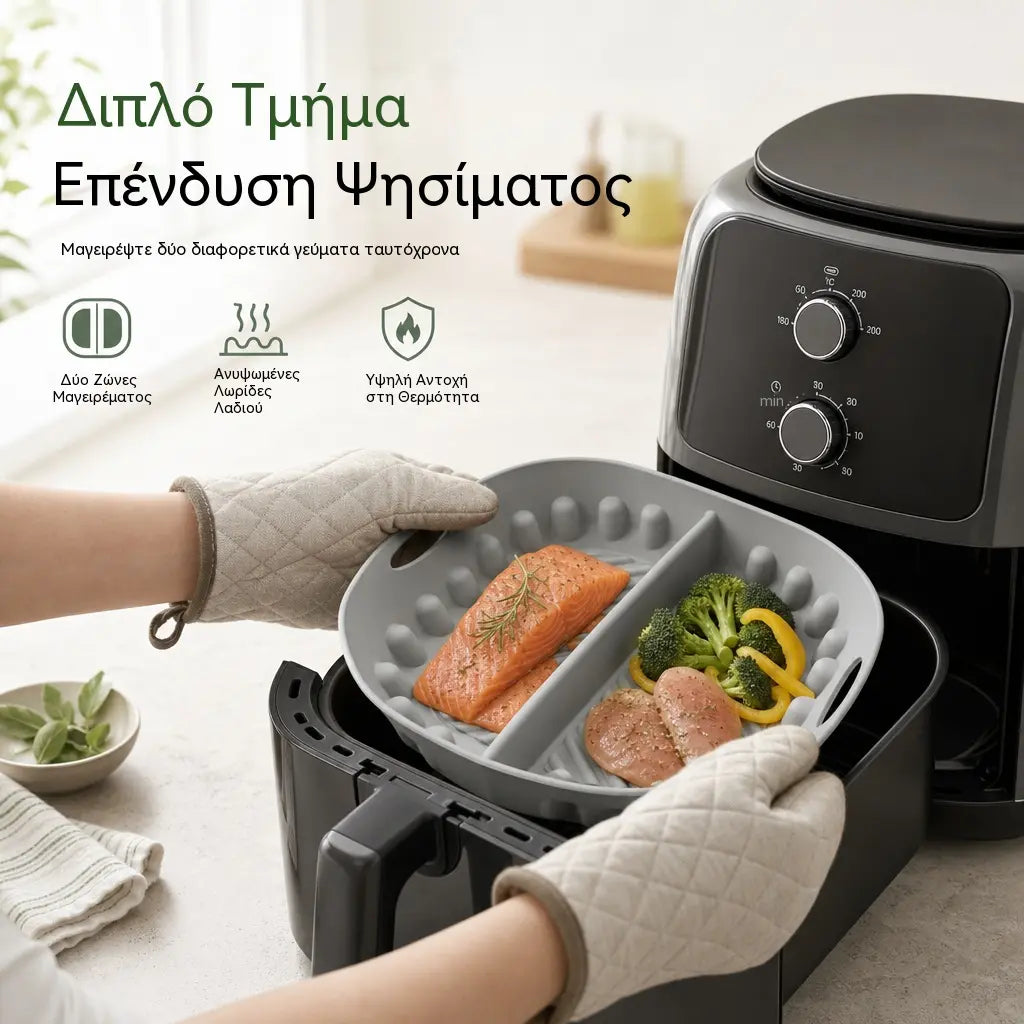 【Μικρό + Μεγάλο】2 προϊόντα με 26€🍟 Επαναχρησιμοποιήσιμο χαλάκι σιλικόνης για φριτέζα αέρα με διαχωριστικά – Μια πιο υγιεινή, αντικολλητική εμπειρία μαγειρέματος! ✨