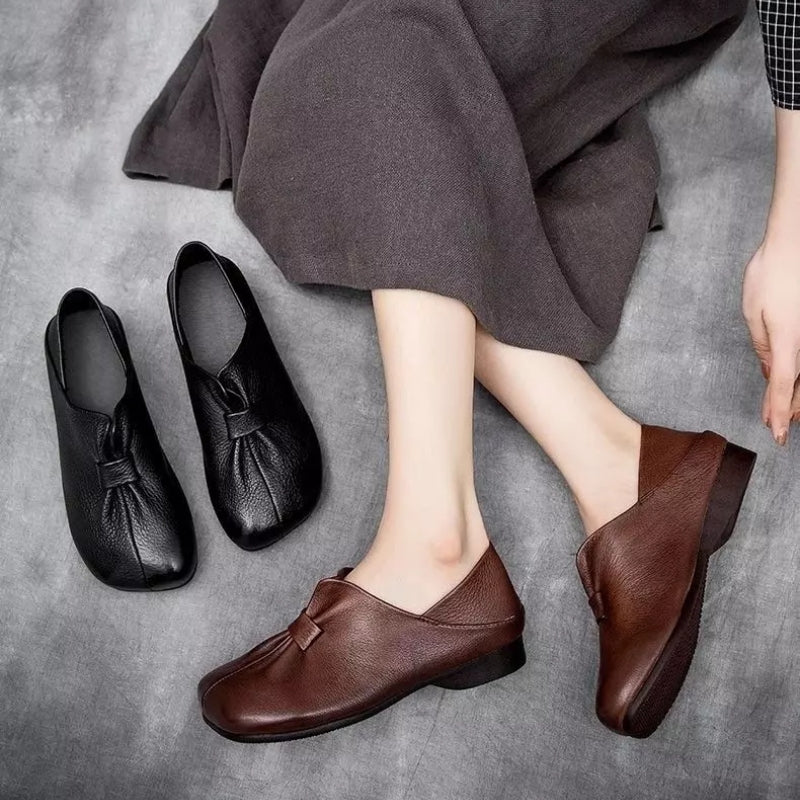 👡【35-42】2025 nuevas babuchas de suela blanda con lazo, piel de vaca de alta calidad, sencillas y exquisitas