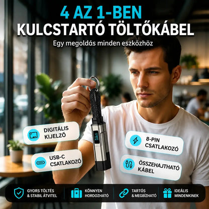 【Vásároljon 1-et, kapjon 1-et ingyen】🔌 4 az 1-ben töltőkábel digitális kijelzővel és kulcstartóval - Gyors töltés, törésálló és kompakt