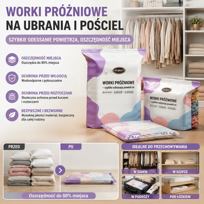 🧳 5 sztuk za jedyne 109 zł 💨 Duże, elastyczne worki próżniowe do przechowywania: Nie wymagają pompki, są szczelne, idealne do oszczędzania miejsca w walizce i w domu ✈️