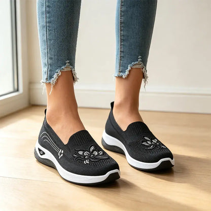 【35-43】👟 Damskie płaskie, haftowane, dzianinowe mokasyny – oddychające, antypoślizgowe, wsuwane buty – lekkie, wygodne, letnie buty do chodzenia
