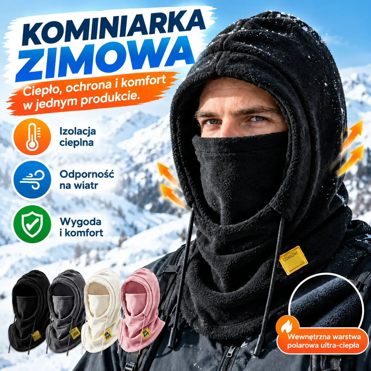 ❄️ Czapka termiczna zapewniająca pełną ochronę, z podszewką z polaru, która utrzymuje ciepło nawet przy temperaturze -20°C. ⛷️ Idealna do jazdy na nartach, na motocyklu oraz do aktywności na świeżym powietrzu.