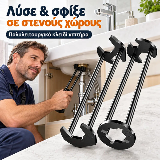 🔥【2 είδη για 27€】Πολυλειτουργικό κλειδί νεροχύτη, κλειδί γενικής χρήσης για σωλήνα νερού, εργαλείο εγκατάστασης και επισκευής νεροχύτη μπάνιου και βρύσης