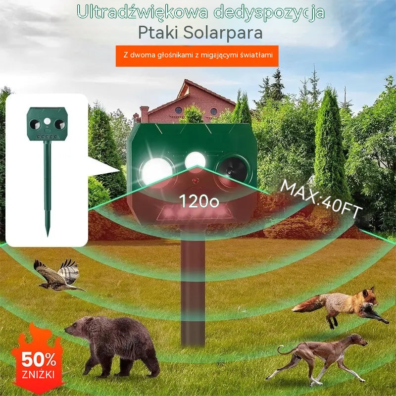 🔥Zewnętrzny odstraszacz ptaków ultradźwiękowy zasilany energią słoneczną z dwoma głośnikami i migającymi światłami
