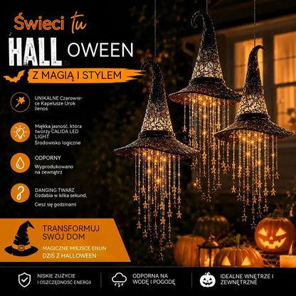 🔮🧙 Wiszący kapelusz czarownicy ze światłem – podświetlany dzwonek wietrzny do dekoracji na Halloween 🎃🌟