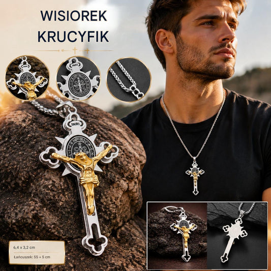 Wisiorek w stylu vintage z krzyżem – odporny na matowienie wisiorek św. Benedykta z regulowanym łańcuszkiem