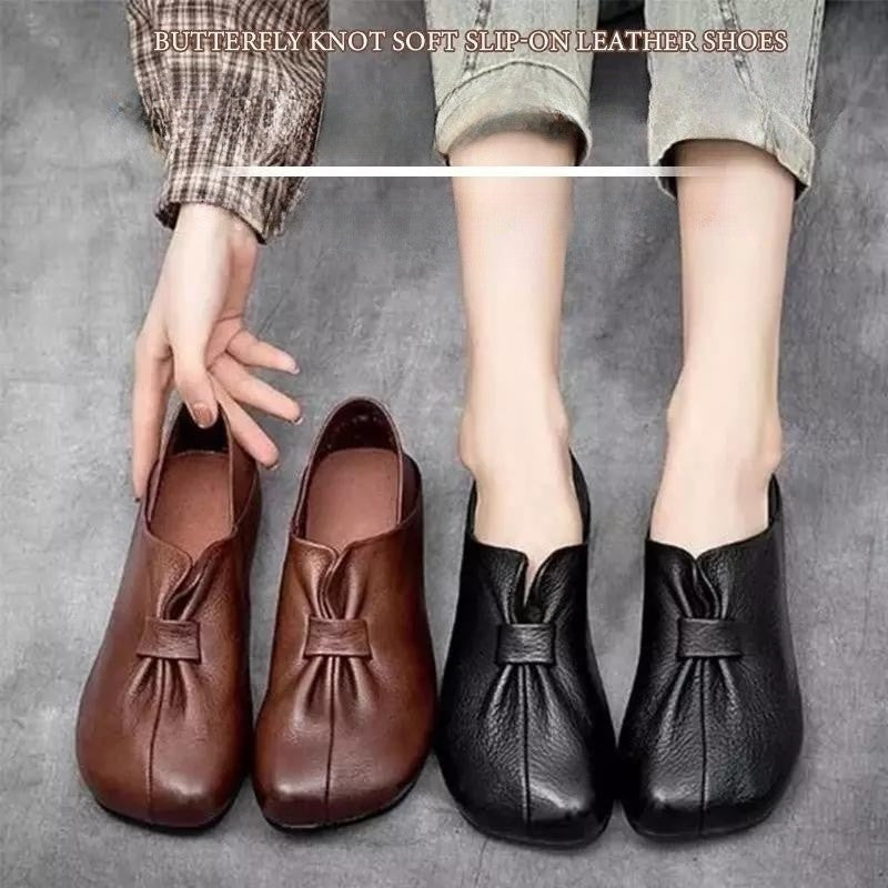 👡【35-42】2025 nuevas babuchas de suela blanda con lazo, piel de vaca de alta calidad, sencillas y exquisitas