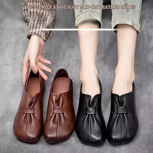 👡【35-42】2025 nuevas babuchas de suela blanda con lazo, piel de vaca de alta calidad, sencillas y exquisitas