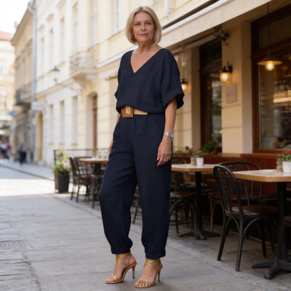 Elegancki komplet damski z lnu i bawełny: luźna bluzka z dekoltem w serek i długie spodnie, miękka, przewiewna i przewiewna tkanina