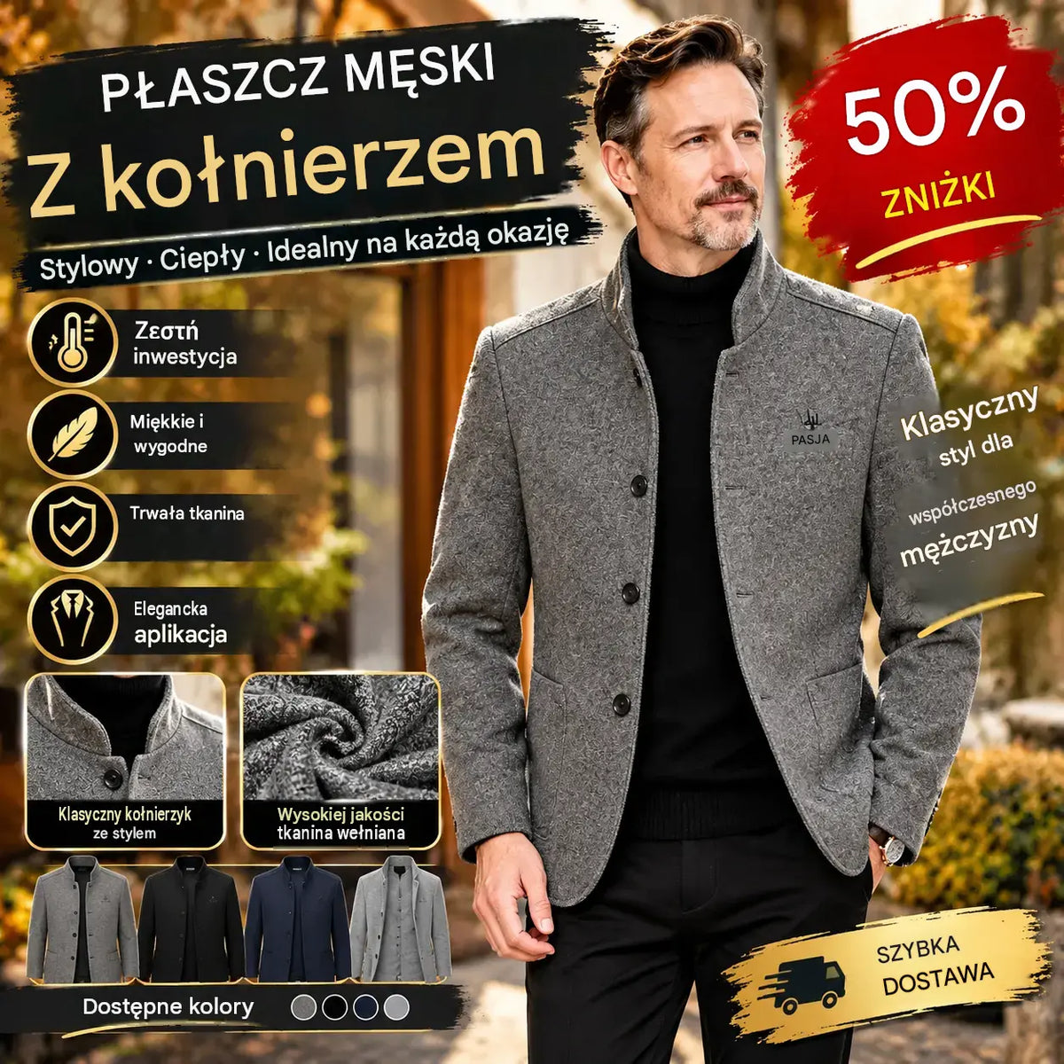 ⛄️🤗【M–4XL】🔥 Nowa kurtka z kołnierzem typu wywijanego – męski gruby wełniany sweter z aksamitną podszewką – jesień/zima