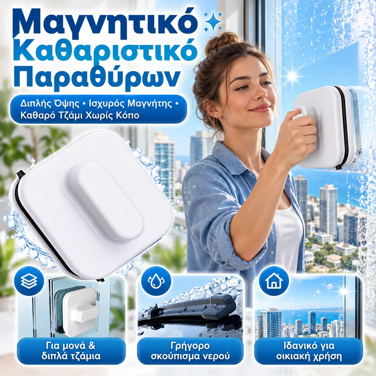 1 τεμάχιο 29 ευρώ ⚡ Μαγνητικό καθαριστικό τζαμιών – Αυξημένη περιοχή καθαρισμού κατά 30%. Διπλά σφουγγάρια καθαρισμού + σπάτουλα – Τέλεια αποτελέσματα καθαρισμού με μία κίνηση! 🧊🌀