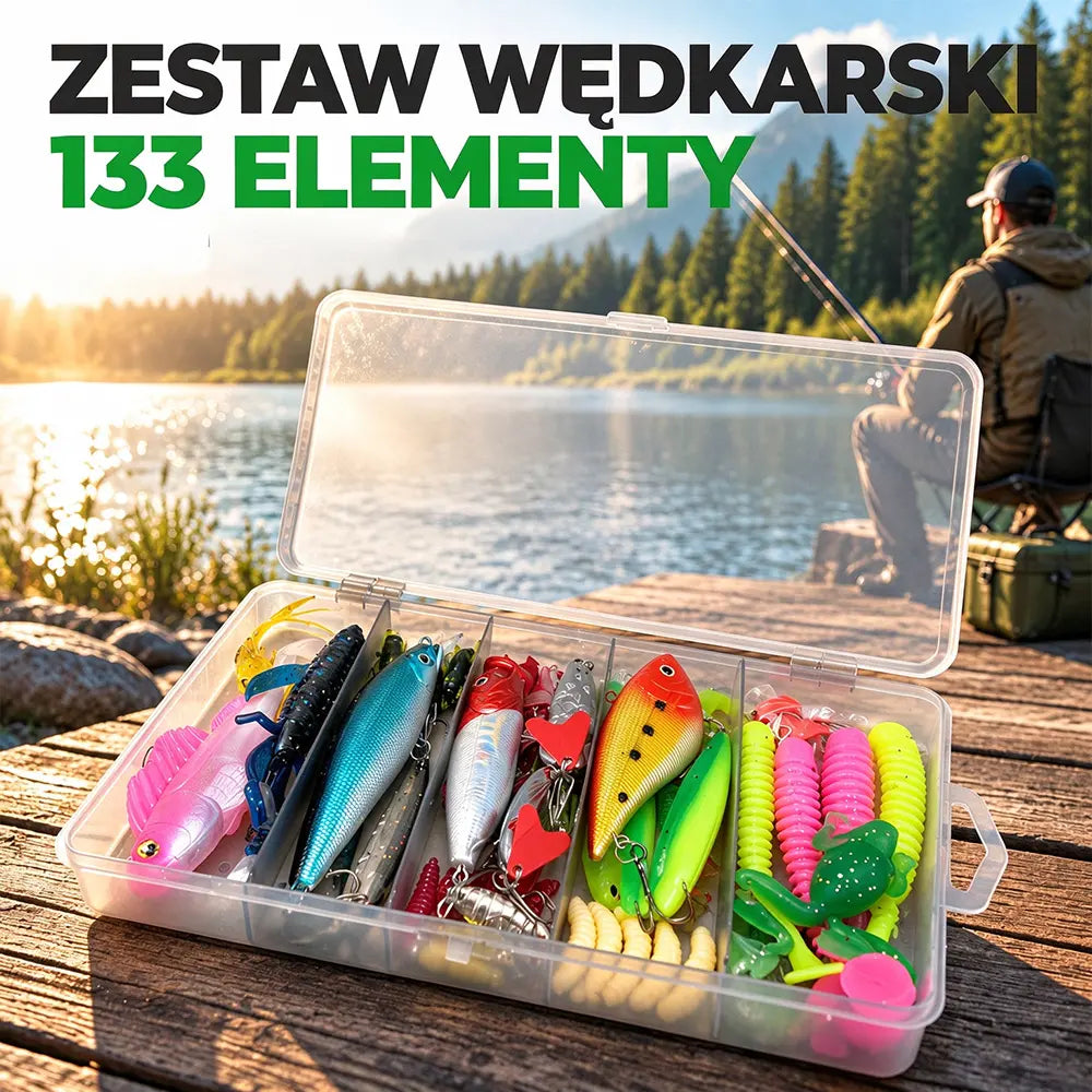 Zestaw 133 przynęt spinningowych – błystki, miękkie rybki, żaby, przynęty imitacyjne, kompletny zestaw do wędkarstwa