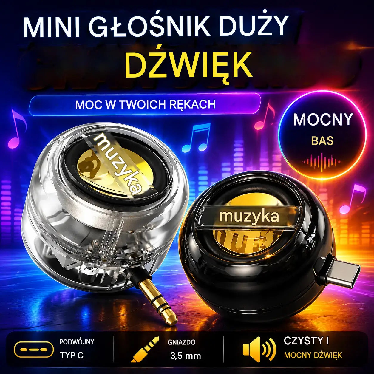 🔥【Podwójny interfejs typu C/3,5 mm】🎵Miniaturowy przenośny głośnik do telefonu komórkowego z mocnym basem