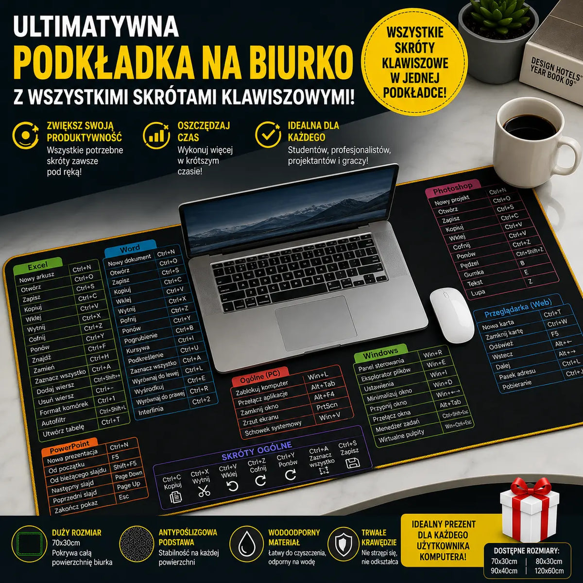 💻🖱【30x60cmx4mm】Bardzo duża klawiatura biurowa, wielofunkcyjne klawisze skrótów komputerowych, podkładka pod mysz