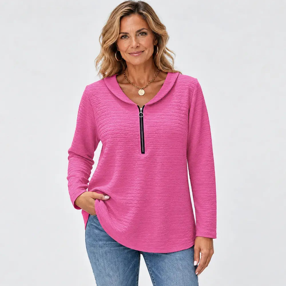 ✨【S-5XL / 5 kolorów】Damski top w jednolitym kolorze, wyróżniający się stylowym, plisowanym materiałem, kołnierzykiem typu „Piotruś Pan”, zapięciem na zamek oraz klasycznym krojem w ramionach.