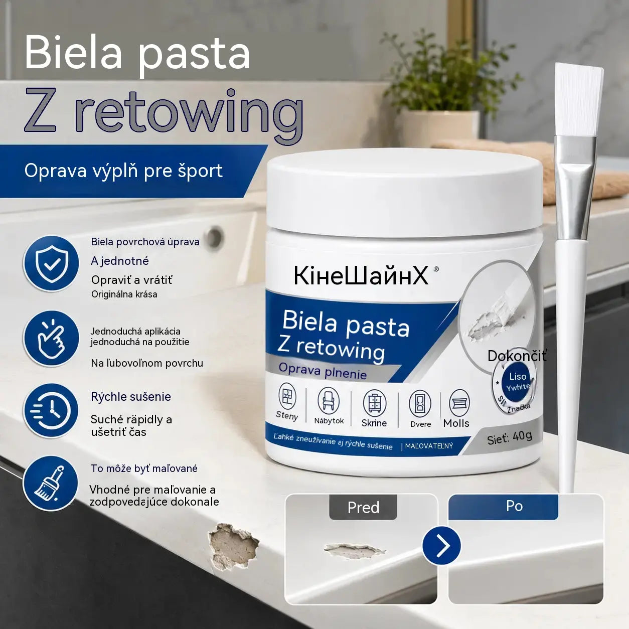 🧹🏠【2 sady 23 €】Retušovacia pasta na biely nábytok so štetcom