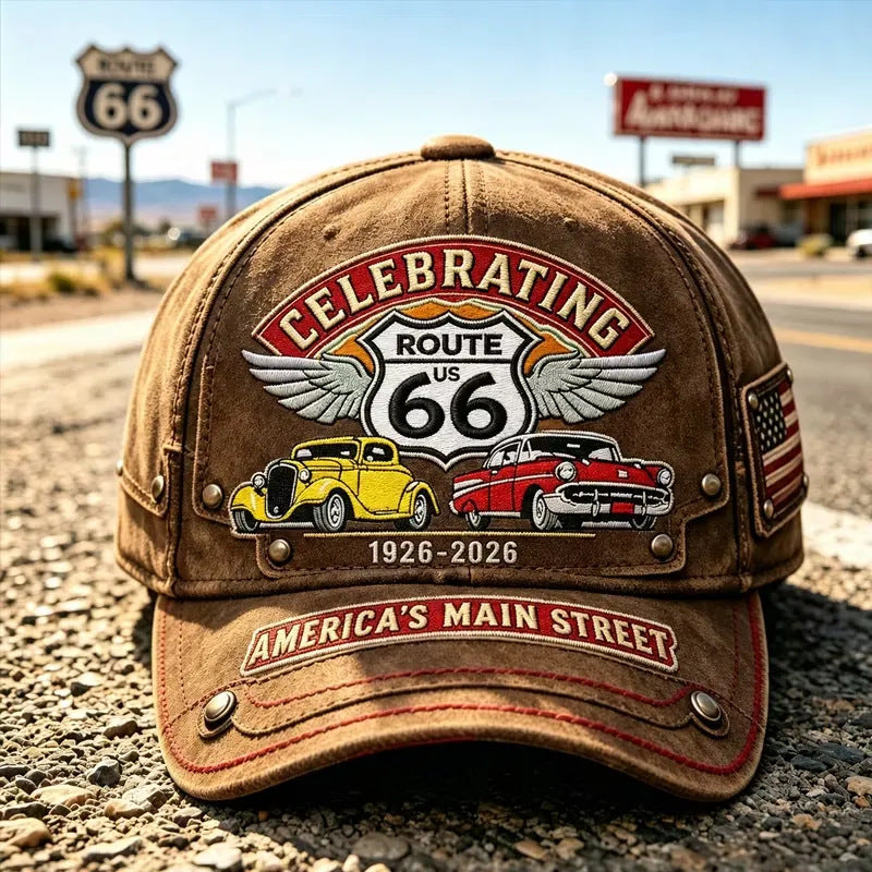 Regulowana czapka baseballowa w stylu retro Route 66, idealny wybór dla miłośników kolarstwa.