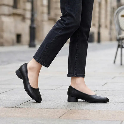 👞Damskie, płaskie, skórzane buty z kwadratowymi noskami – wsuwane, wygodne buty dla seniorów – lekkie, amortyzowane, idealne do chodzenia