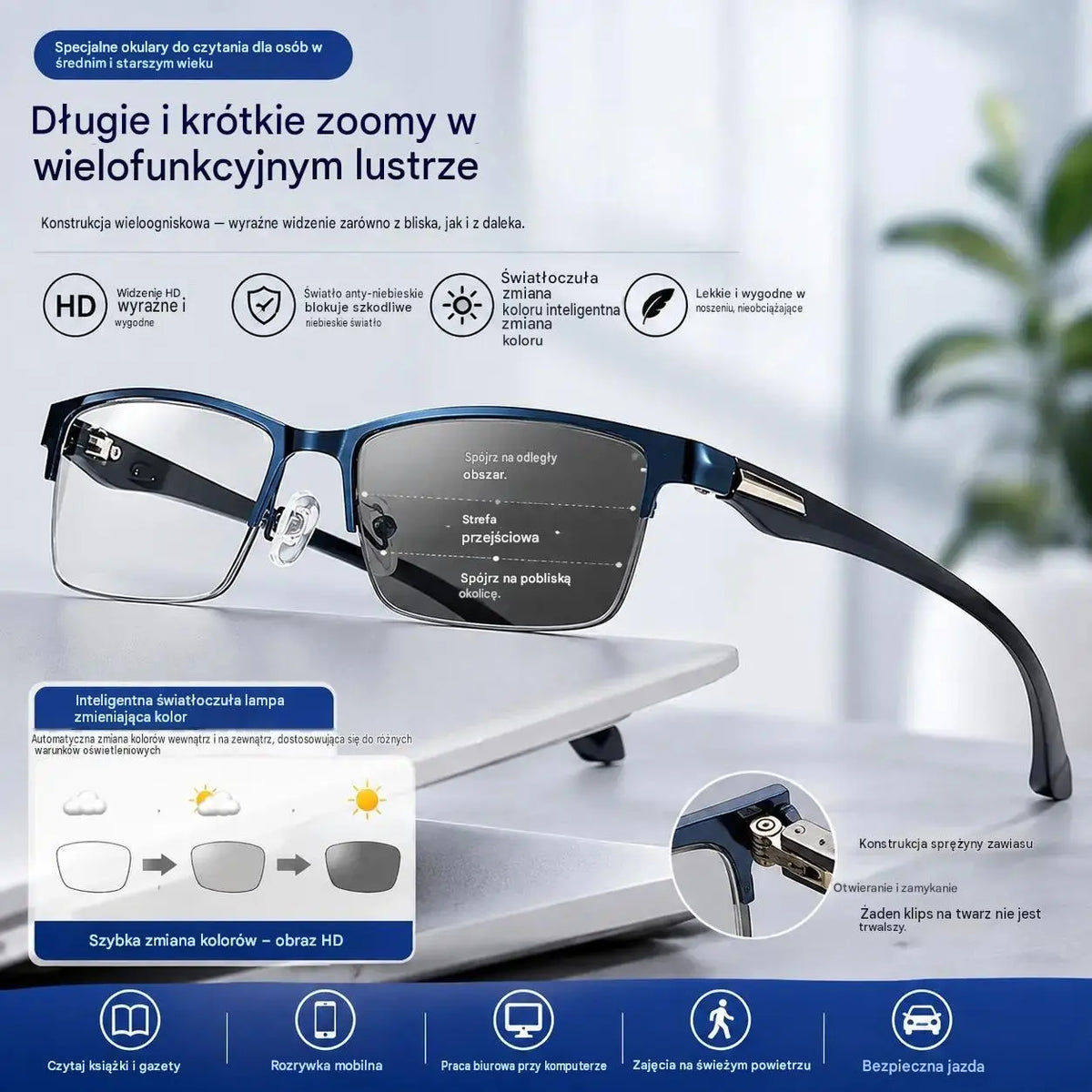 Nowe okulary do czytania półoprawkowe dla osób w średnim i starszym wieku, z funkcją zoom, multifocal, światłoczułe, fotochromowe i blokujące niebieskie światło