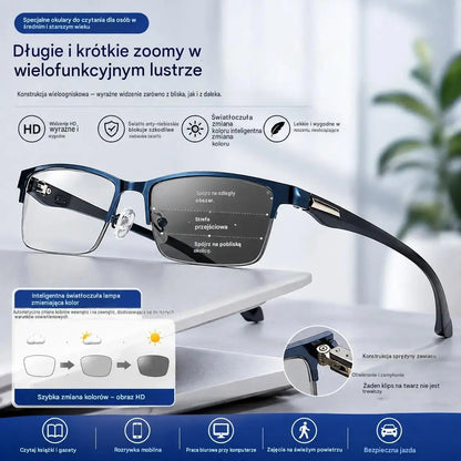 Nowe okulary do czytania półoprawkowe dla osób w średnim i starszym wieku, z funkcją zoom, multifocal, światłoczułe, fotochromowe i blokujące niebieskie światło