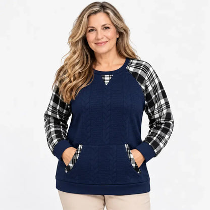 【S–2XL / 6 kolorów】Jesienno-zimowy sweter w kratę – luźny longsleeve w stylu western (patchwork) z okrągłym dekoltem